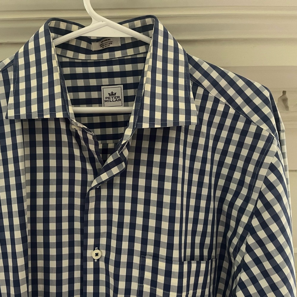 Peter Millar Navy and White Gingham Shirt Sz Medium